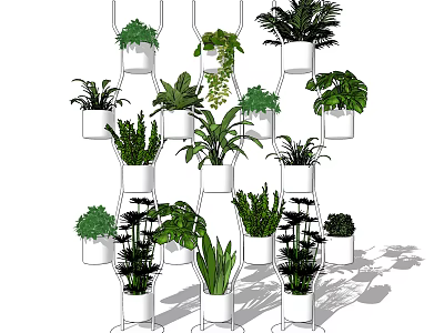 Various Green Potted Plants In White Planters Hanging And Standing Indoor 3d model