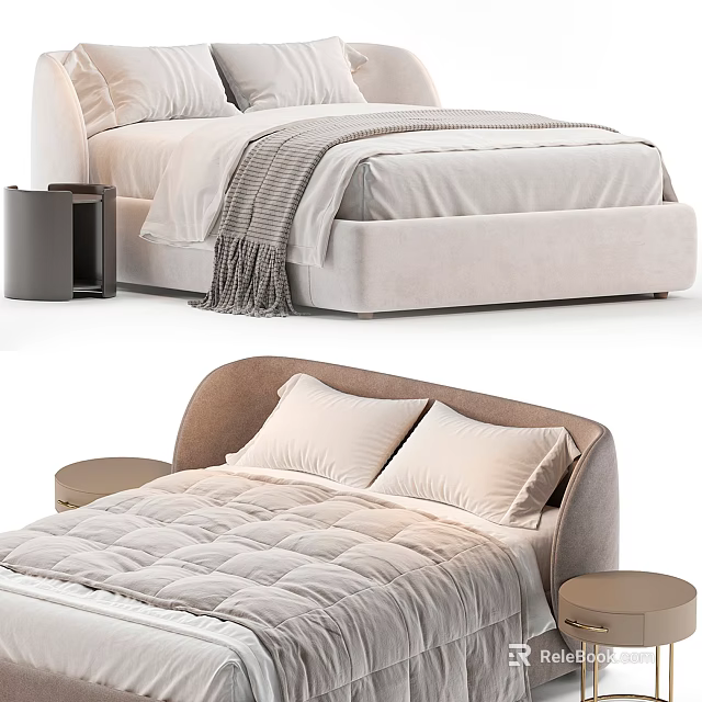 Double Bed with White Sheets Gray Blanket and Round Nightstands in Modern Bedroom Interior 3d model 