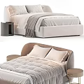 Double Bed with White Sheets Gray Blanket and Round Nightstands in Modern Bedroom Interior