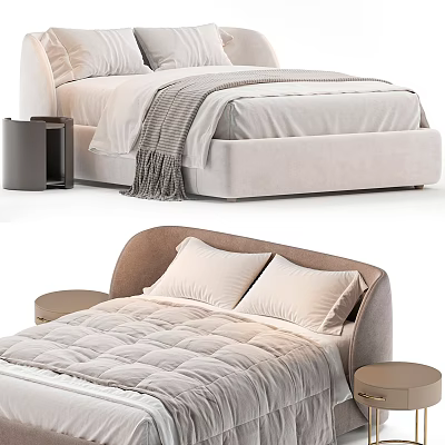 Double Bed with White Sheets Gray Blanket and Round Nightstands in Modern Bedroom Interior 3d model