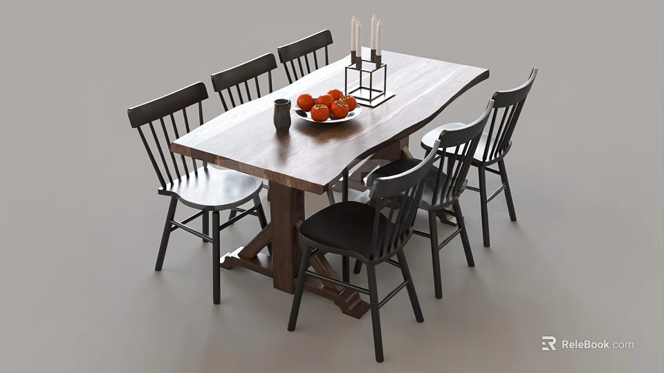 Modern Wooden Dining Table Set With Black Chairs Fruit Bowl And Candle Holder 3d model 