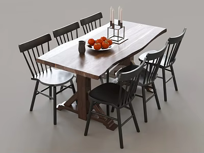 Modern Wooden Dining Table Set With Black Chairs Fruit Bowl And Candle Holder 3d model