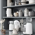 Organized Kitchenware Collection On Grey Shelves With Mugs Bowls Teapot Eggs And Blender