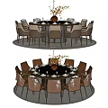 Round Dining Table Set with Brown Upholstered Chairs and Glass Tabletop Featuring Flower Vase