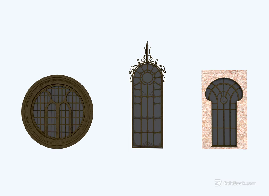 Decorative Casement Windows In Circular Arched And Rectangular Designs With Ornate Details 3d model 