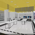 Modern Showroom Interior With White Tables TV Screens Sofa And Yellow Ceiling