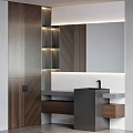 Modern Bathroom Vanity Design With Wooden Cabinetry White Tiles And LED Lighting
