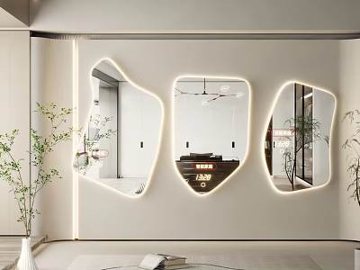 Three Irregular Shaped Mirrors With LED Lights Mounted On Wall For Interior Reflection 3d model
