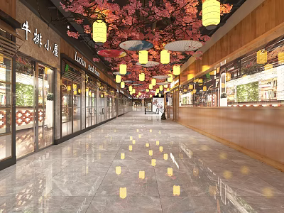 Steakhouse Restaurant With Cherry Blossom Ceiling Yellow Lanterns Wooden Structure Glass Doors And Long Corridor 3d model