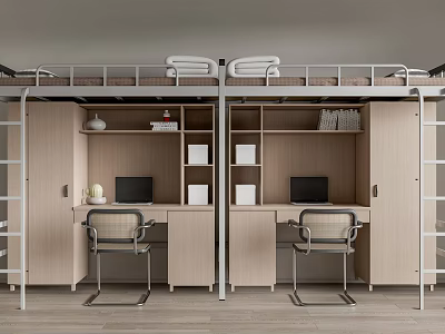Functional Bunk Beds In Student Dormitory With Desks Storage Cabinets And Bookshelves 3d model