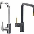 Two Modern Stylish Silver And Black Faucets Featuring Gold Accents