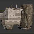 Traditional Tiered Stone Building Constructed on Rock with Steps Platforms and Vegetation