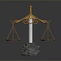 Ornate Golden Balance Scale With White Pillar Stone Base And Hanging Pans