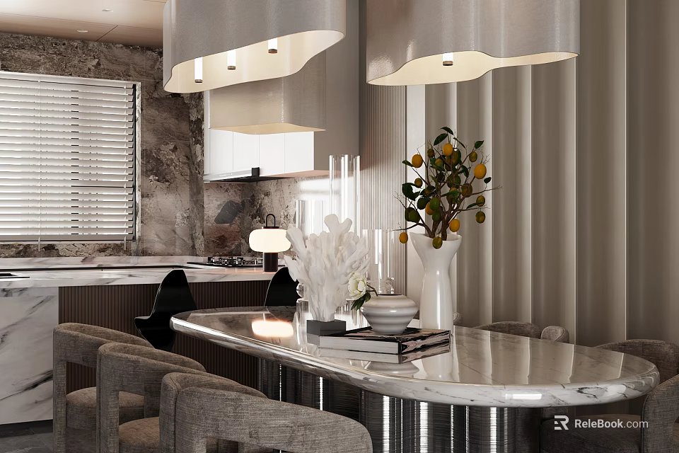 Elegant Modern Restaurant Interior With Marble Dining Table Pendant Lights And Plants 3d model 