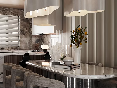 Elegant Modern Restaurant Interior With Marble Dining Table Pendant Lights And Plants 3d model