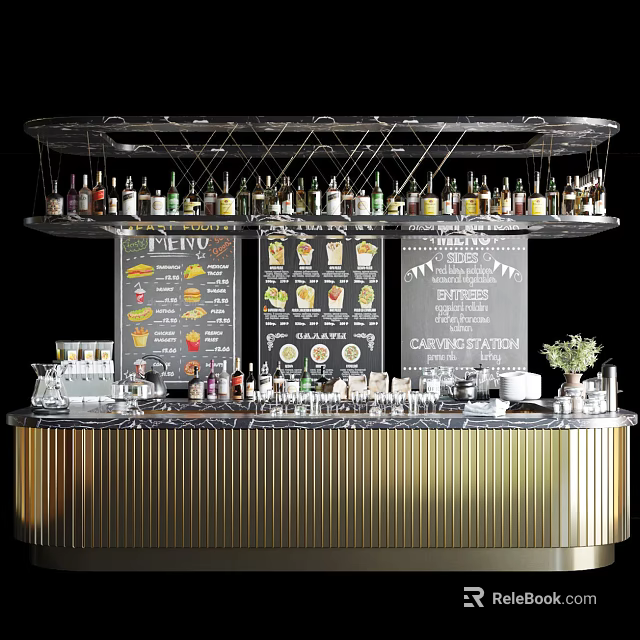 Modern Elegant Functional Table Featuring Hanging Wine Bottles Menu Boards and Drinks Utensils 3d model 