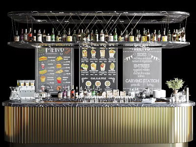 Modern Elegant Functional Table Featuring Hanging Wine Bottles Menu Boards and Drinks Utensils 3d model