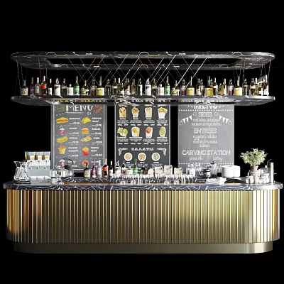 Modern Elegant Functional Table Featuring Hanging Wine Bottles Menu Boards and Drinks Utensils 3d model