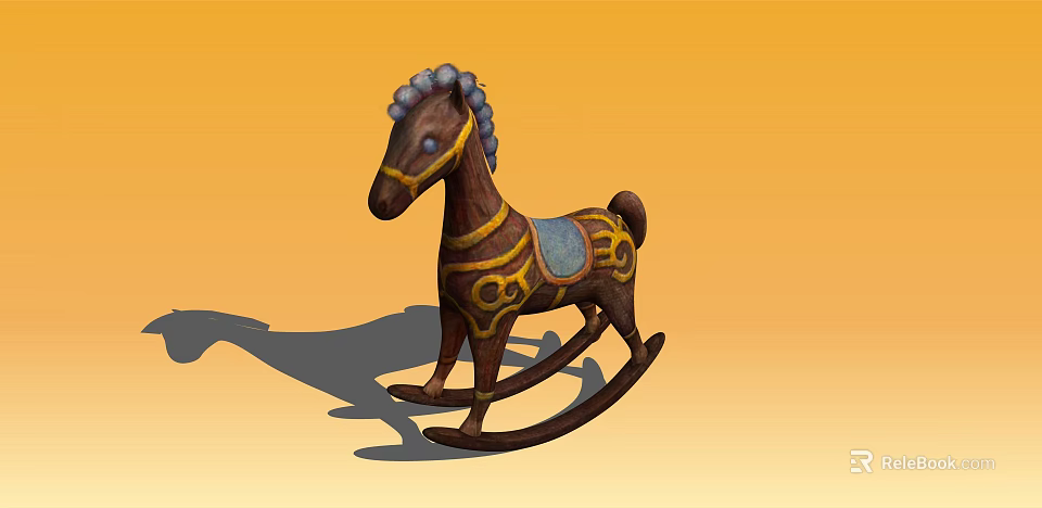 Vintage Wooden Rocking Horse With Gold Decorative Patterns And Blue Saddle On Orange Background 3d model 