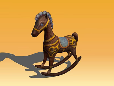 Vintage Wooden Rocking Horse With Gold Decorative Patterns And Blue Saddle On Orange Background 3d model