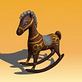 Vintage Wooden Rocking Horse With Gold Decorative Patterns And Blue Saddle On Orange Background