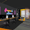 Modern Internet Cafe Interior With Computers Tables Neon Decorations And Orange Countertops