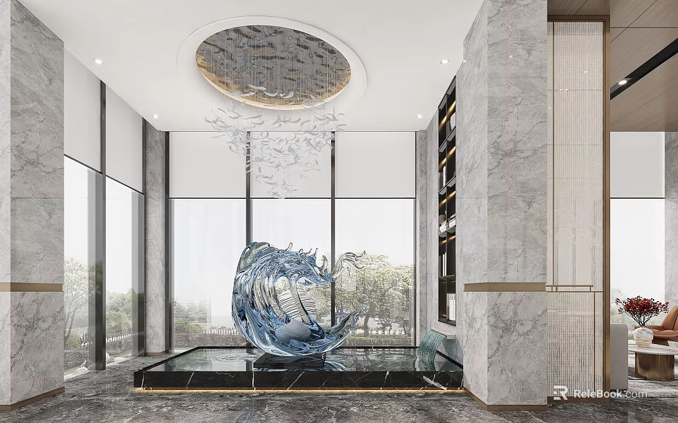 Modern Reception Area With Marble Walls Wave Sculpture Round Chandelier And Floor to Ceiling Windows 3d model 