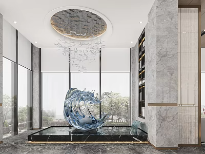 Modern Reception Area With Marble Walls Wave Sculpture Round Chandelier And Floor to Ceiling Windows 3d model