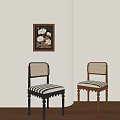Stylish Dining Chairs With Black Brown Frames Woven Backs Striped Cushions And Wall Flower Painting