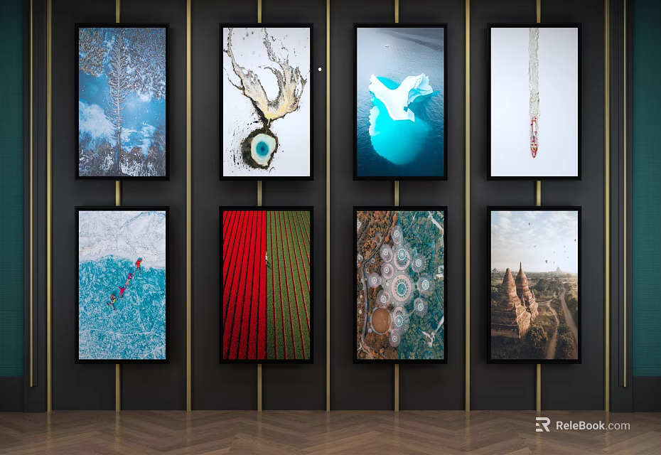 Gallery Wall With Various Artworks On Black Wall And Wooden Floor 3d model 
