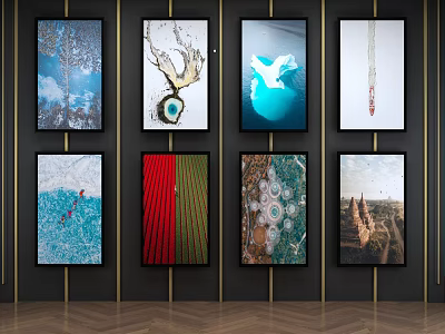 Gallery Wall With Various Artworks On Black Wall And Wooden Floor 3d model