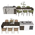 Modern Dining Table Set With Green Brown Chairs And Decorative Tabletop Items 3d model