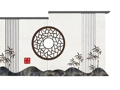 Traditional Chinese Scenic Wall With Circular Hollow Out Design Bamboo And Stone Accents 3d model
