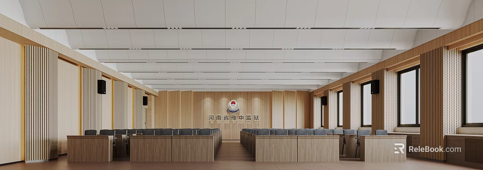 Formal Conference Room With Wooden Walls Long Rows Of Seats And Spacious Layout 3d model 