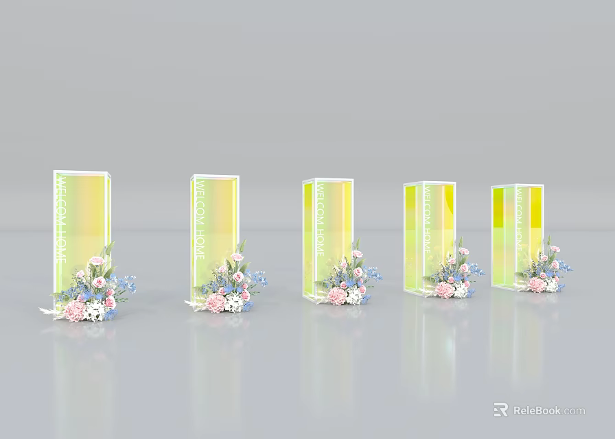 Rectangular Green Yellow Gradient Vases With Pink Blue Flowers And White Text On Gray Background 3d model