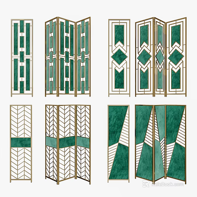 Modern Green And Gold Geometric Room Dividers With Various Patterns Design 3d model