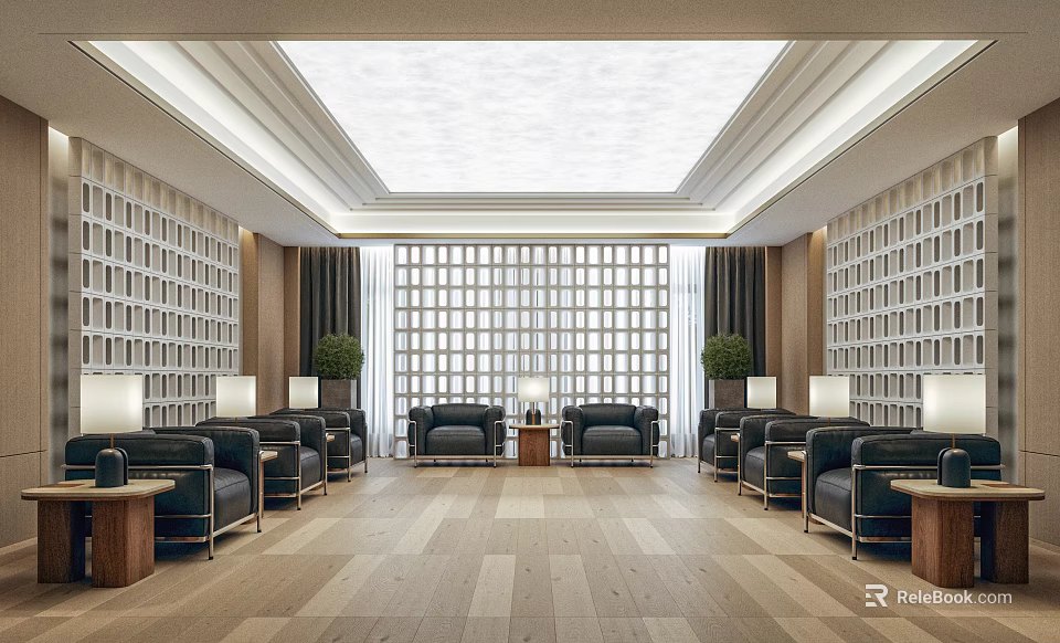 Hotel Public Lounge Interior With Elegant Bookshelf Walls Comfortable Sofas Grid Window And Wooden Flooring 3d model 