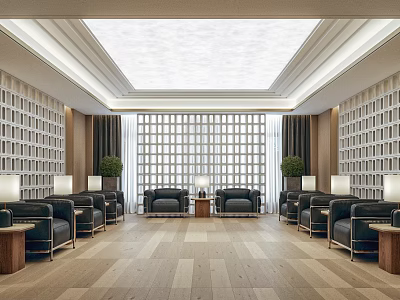 Hotel Public Lounge Interior With Elegant Bookshelf Walls Comfortable Sofas Grid Window And Wooden Flooring 3d model