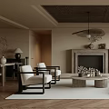 Modern Living Room Interior With Sofa Armchairs Coffee Table Fireplace And Pendant Lighting
