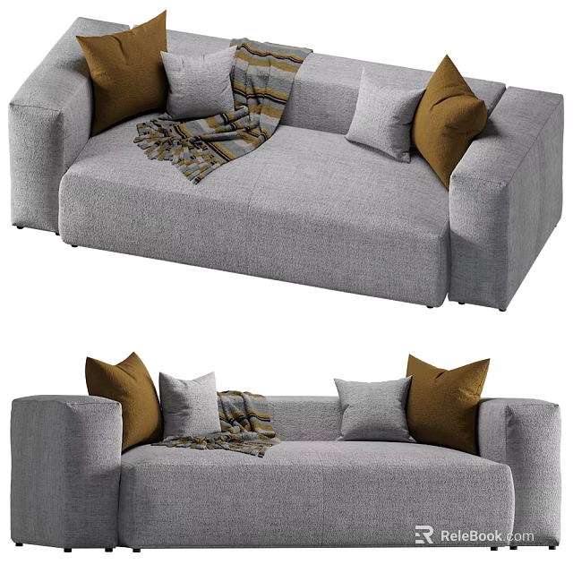 Gray Sectional Sofa With Brown And Gray Pillows And Striped Blanket 3d model