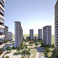 Modern High Rise Residential Buildings With Greenery Trees And Landscaped Areas