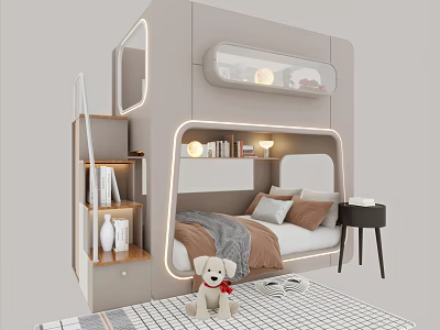 Modern Bunk Bed Interior Design With Storage Stairs Built in Shelves and LED Lighting 3d model