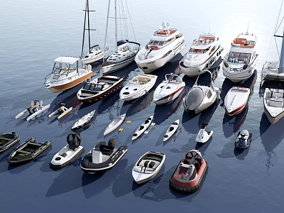 Variety Of Yachts And Boats On Blue Water 3d model