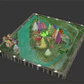 Detailed Miniature Landscape Model With Blue Water Area Pine Trees Pathway And Small Cabin