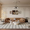 Classic Living Room Interior With Beige Walls Decorative Moldings Chandelier Brown Sofa And Geometric Rug