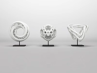 Modern White Geometric Sculptures with Intricate Hollow Patterns on Black Stands 3d model