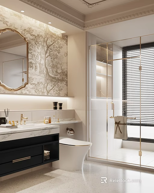 Elegant Modern Bathroom Interior With Marble Countertop Gold Faucet Glass Shower And Decorative Mirror 3d model 