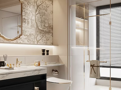 Elegant Modern Bathroom Interior With Marble Countertop Gold Faucet Glass Shower And Decorative Mirror 3d model