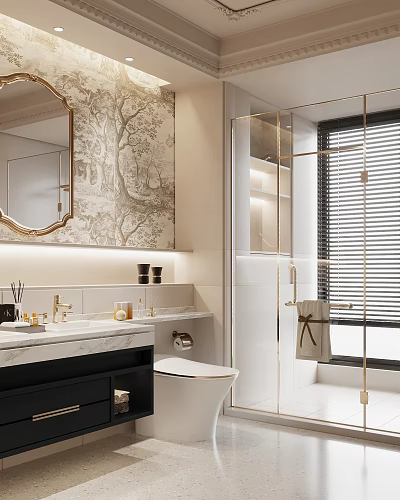Elegant Modern Bathroom Interior With Marble Countertop Gold Faucet Glass Shower And Decorative Mirror 3d model