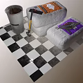 White Containers With Orange Purple Labels Metal Bucket And Tools On Checkered Surface